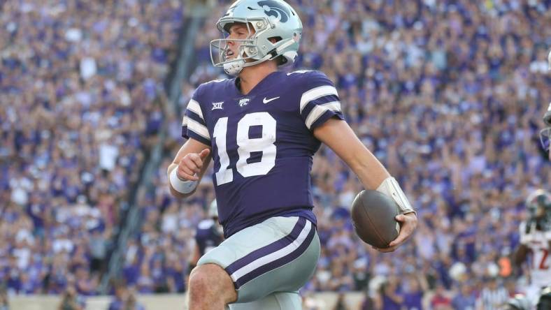 Sep 2, 2023; Manhattan, Kansas, USA; Kansas State Wildcats quarterback Will Howard (18) crosses the goal line for a touchdown during the second quarter against the Southeast Missouri State Redhawks at Bill Snyder Family Football Stadium. Mandatory Credit: Scott Sewell-USA TODAY Sports