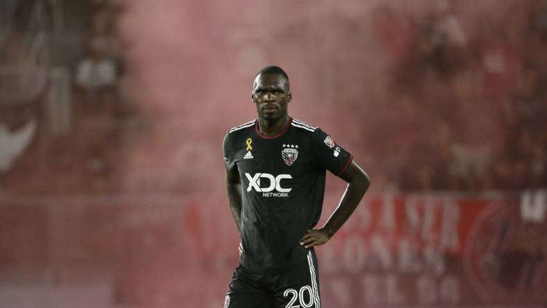 Sep 2, 2023; Washington, District of Columbia, USA; D.C. United forward Christian Benteke (20) looks on from the field during the first half against Chicago Fire at Audi Field. Mandatory Credit: Amber Searls-USA TODAY Sports