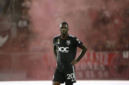 Sep 2, 2023; Washington, District of Columbia, USA; D.C. United forward Christian Benteke (20) looks on from the field during the first half against Chicago Fire at Audi Field. Mandatory Credit: Amber Searls-USA TODAY Sports