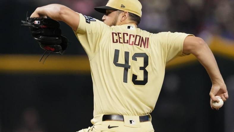 Sep 2, 2023; Phoenix, Arizona, USA; Arizona Diamondbacks starting pitcher Slade Cecconi (43) pitches against the Baltimore Orioles during the first inning at Chase Field. Mandatory Credit: Joe Camporeale-USA TODAY Sports