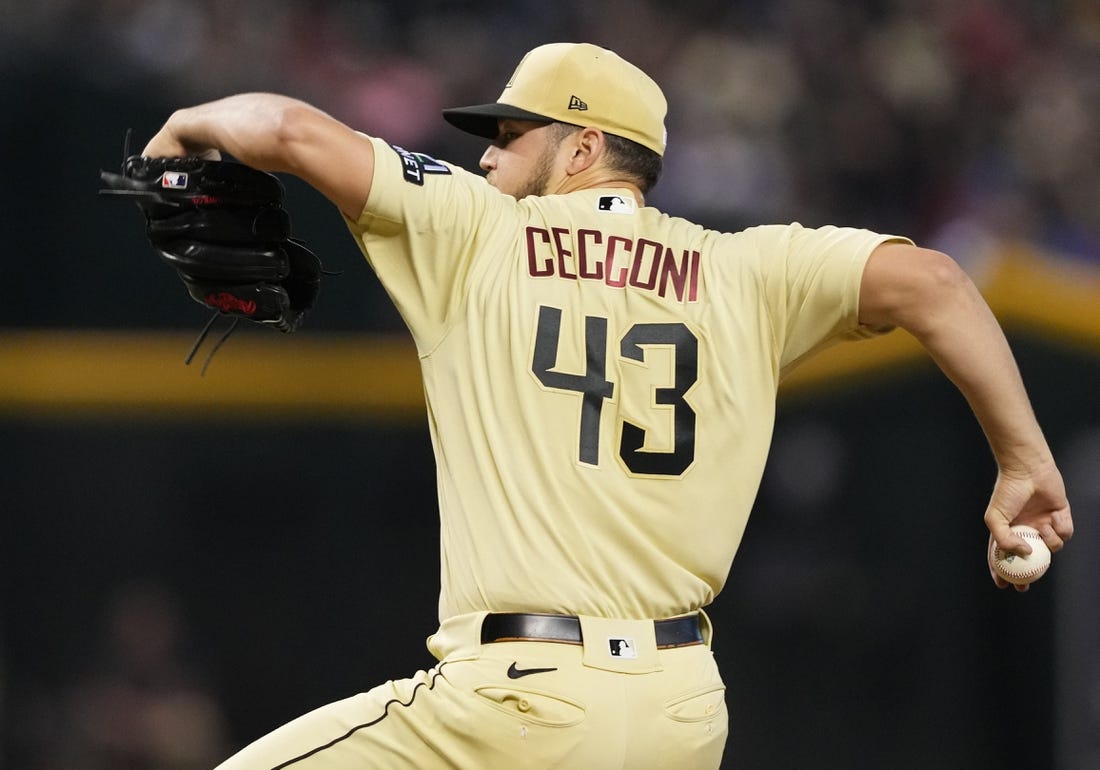 Sep 2, 2023; Phoenix, Arizona, USA; Arizona Diamondbacks starting pitcher Slade Cecconi (43) pitches against the Baltimore Orioles during the first inning at Chase Field. Mandatory Credit: Joe Camporeale-USA TODAY Sports
