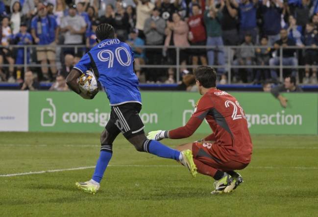 Sep 2, 2023; Montreal, Quebec, CAN; CF Montreal forward Kwadwo Opoku (90) celebrates after scoring a goal past Columbus Crew goalkeeper Patrick Schulte (28) in the second half at Stade Saputo. Mandatory Credit: Eric Bolte-USA TODAY Sports