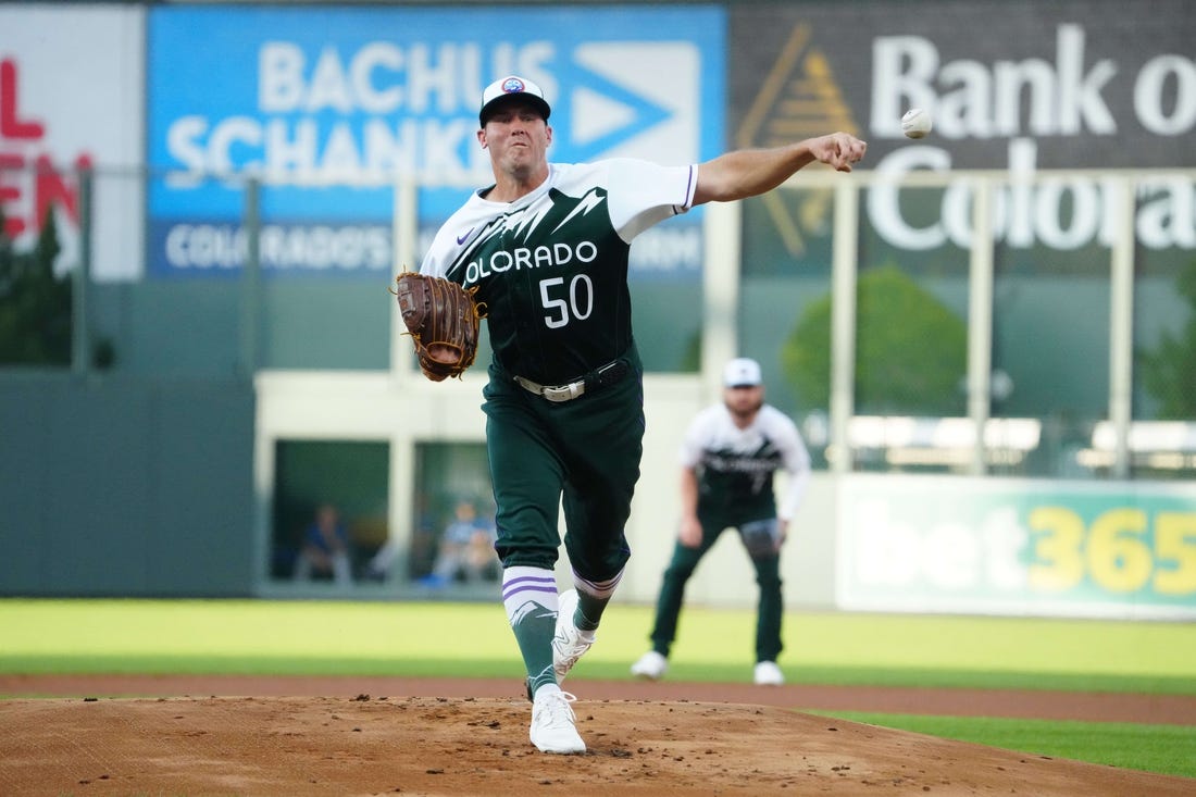 Sep 2, 2023; Denver, Colorado, USA; Colorado Rockies starting pitcher Ty Blach (50) delivers against the Toronto Blue Jays in the first inning at Coors Field. Mandatory Credit: Ron Chenoy-USA TODAY Sports