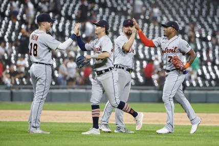 Sep 2, 2023; Chicago, Illinois, USA; Detroit Tigers players celebrate after defeating the Chicago White Sox at Guaranteed Rate Field. Mandatory Credit: Kamil Krzaczynski-USA TODAY Sports