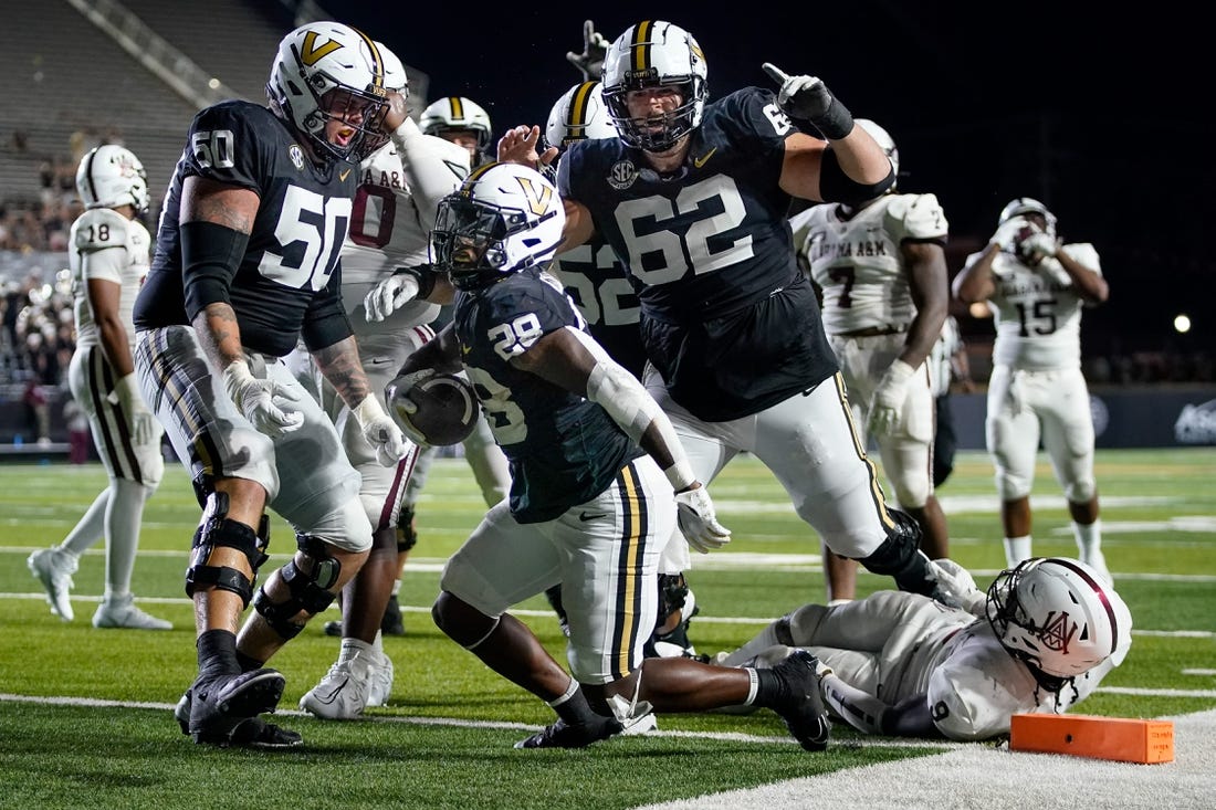 Vanderbilt running back Sedrick Alexander (28) reacts after scoring a touchdown against Alabama A&M during the fourth quarter at FirstBank Stadium in Nashville, Tenn., Saturday, Sept. 2, 2023.during the fourth quarter at FirstBank Stadium in Nashville, Tenn., Saturday, Sept. 2, 2023.