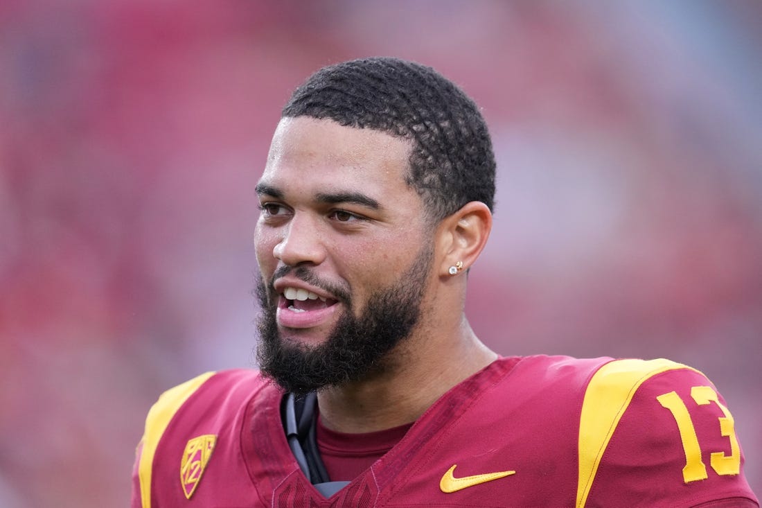 Sep 2, 2023; Los Angeles, California, USA; Southern California Trojans quarterback Caleb Williams (13) reacts against the Nevada Wolf Pack in the second half at United Airlines Field at Los Angeles Memorial Coliseum. Mandatory Credit: Kirby Lee-USA TODAY Sports