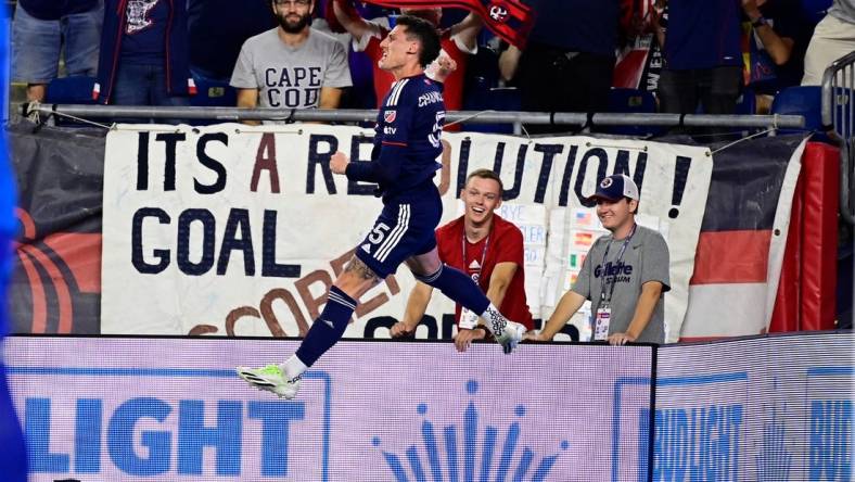 Sep 2, 2023; Foxborough, Massachusetts, USA;  New England Revolution attacker Tomas Chancalay (5) leaps in the air after scoring a goal against the Austin FC during the first half at Gillette Stadium. Mandatory Credit: Eric Canha-USA TODAY Sports