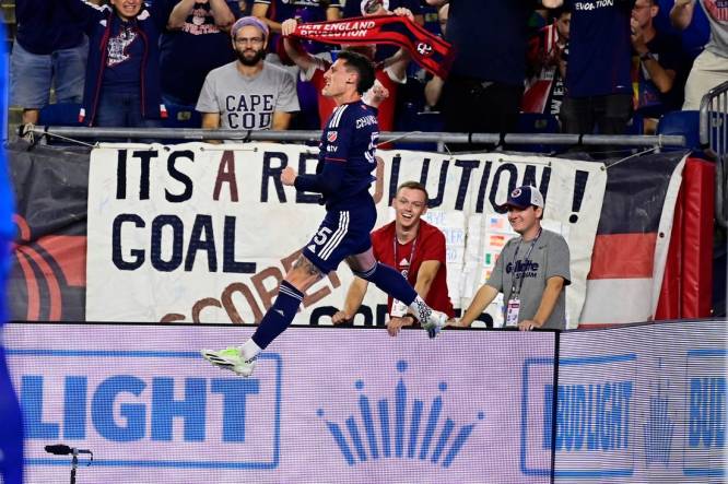 Sep 2, 2023; Foxborough, Massachusetts, USA;  New England Revolution attacker Tomas Chancalay (5) leaps in the air after scoring a goal against the Austin FC during the first half at Gillette Stadium. Mandatory Credit: Eric Canha-USA TODAY Sports