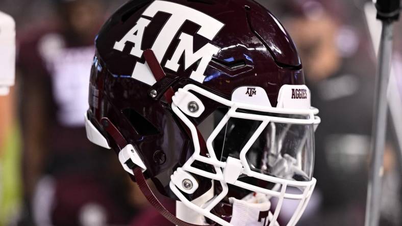 Sep 2, 2023; College Station, Texas, USA; A detailed view of a Texas A&M Aggies helmet on the sideline during the game against the New Mexico Lobos at Kyle Field. Mandatory Credit: Maria Lysaker-USA TODAY Sports