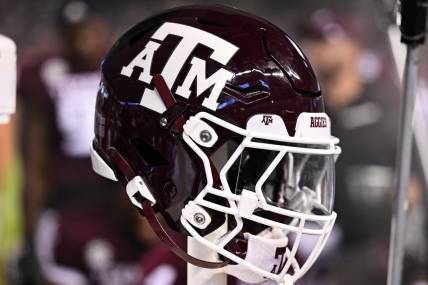 Sep 2, 2023; College Station, Texas, USA; A detailed view of a Texas A&M Aggies helmet on the sideline during the game against the New Mexico Lobos at Kyle Field. Mandatory Credit: Maria Lysaker-USA TODAY Sports