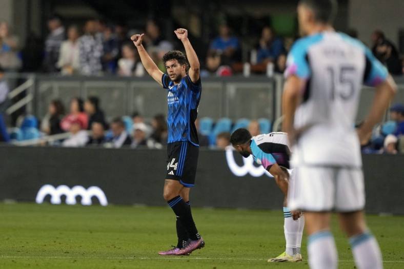 Sep 2, 2023; San Jose, California, USA; San Jose Earthquakes forward Cade Cowell (44) gestures after scoring a goal against the Minnesota United during the first half at PayPal Park. Mandatory Credit: Darren Yamashita-USA TODAY Sports