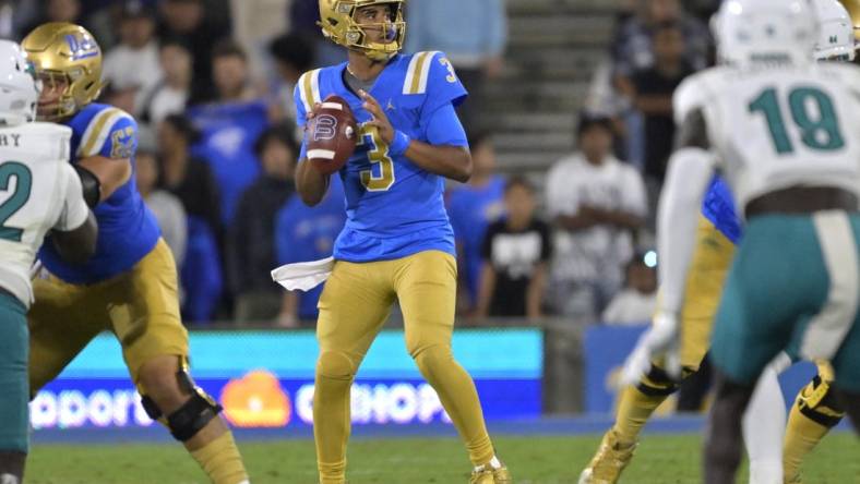 Sep 2, 2023; Pasadena, California, USA;  UCLA Bruins quarterback Dante Moore (3) throws a pass in the second half against the Coastal Carolina Chanticleers at Rose Bowl. Mandatory Credit: Jayne Kamin-Oncea-USA TODAY Sports