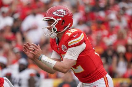Aug 26, 2023; Kansas City, Missouri, USA; Kansas City Chiefs quarterback Patrick Mahomes (15) readies for the snap against the Cleveland Browns during the game at GEHA Field at Arrowhead Stadium. Mandatory Credit: Denny Medley-USA TODAY Sports
