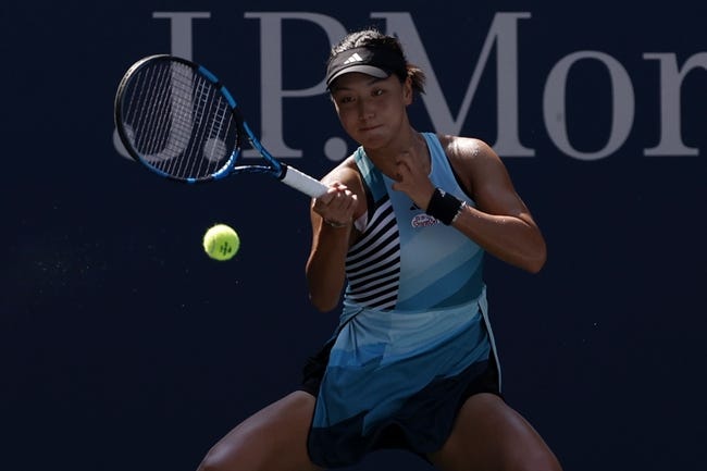 Sep 3, 2023; Flushing, NY, USA; Xinyu Wang of China hits a forehand against Karol na Muchova of Czech Republic (not pictured) on day seven of the 2023 U.S. Open tennis tournament at USTA Billie Jean King National Tennis Center. Mandatory Credit: Geoff Burke-USA TODAY Sports