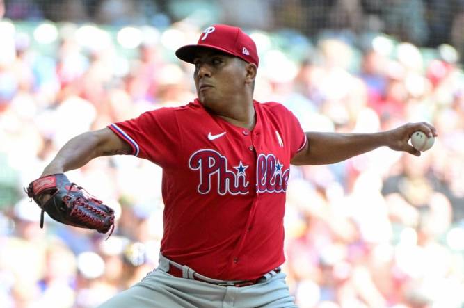 Sep 3, 2023; Milwaukee, Wisconsin, USA; Philadelphia Phillies pitcher Ranger Suarez (55) pitches against the Milwaukee Brewers in the first inning at American Family Field. Mandatory Credit: Benny Sieu-USA TODAY Sports