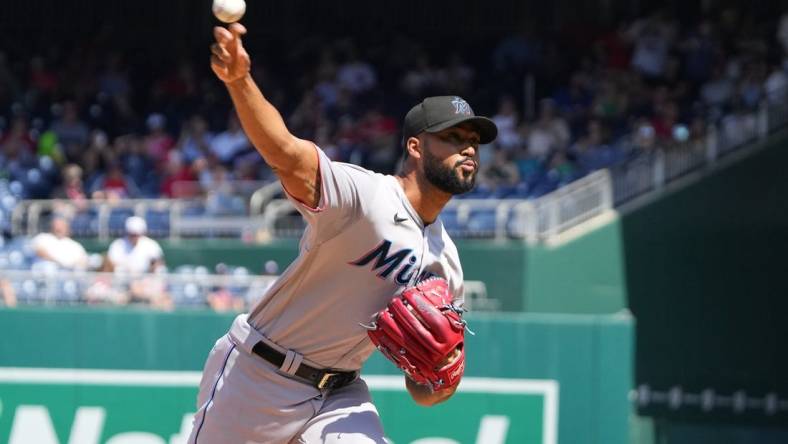 Sep 3, 2023; Washington, District of Columbia, USA;  Miami Marlins pitcher Sandy Alcantara (22) delivers a pitch against the Washington Nationals during the first inning at Nationals Park. Mandatory Credit: Gregory Fisher-USA TODAY Sports