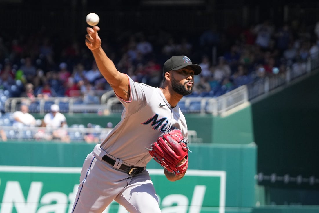 Sep 3, 2023; Washington, District of Columbia, USA;  Miami Marlins pitcher Sandy Alcantara (22) delivers a pitch against the Washington Nationals during the first inning at Nationals Park. Mandatory Credit: Gregory Fisher-USA TODAY Sports