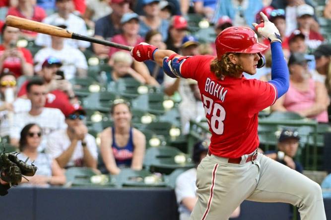 Sep 3, 2023; Milwaukee, Wisconsin, USA; Philadelphia Phillies first baseman Alec Bohm (28) hits a solo home run in the seventh inning against the Milwaukee Brewers at American Family Field. Mandatory Credit: Benny Sieu-USA TODAY Sports