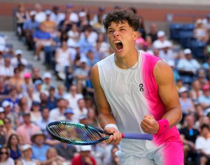 Sept 3, 2023; Flushing, NY, USA; 
Ben Shelton of the USA after a winner in the 4th set to Tommy Paul of the USA on day seven of the 2023 U.S. Open tennis tournament at USTA Billie Jean King National Tennis Center. Mandatory Credit: Robert Deutsch-USA TODAY Sports