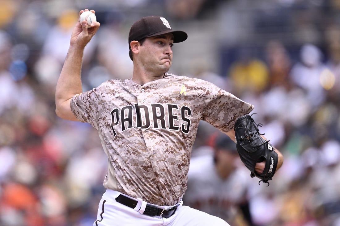 Sep 3, 2023; San Diego, California, USA; San Diego Padres starting pitcher Seth Lugo (67) throws a pitch against the San Francisco Giants during the first inning at Petco Park. Mandatory Credit: Orlando Ramirez-USA TODAY Sports