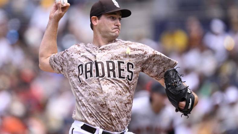 Sep 3, 2023; San Diego, California, USA; San Diego Padres starting pitcher Seth Lugo (67) throws a pitch against the San Francisco Giants during the first inning at Petco Park. Mandatory Credit: Orlando Ramirez-USA TODAY Sports