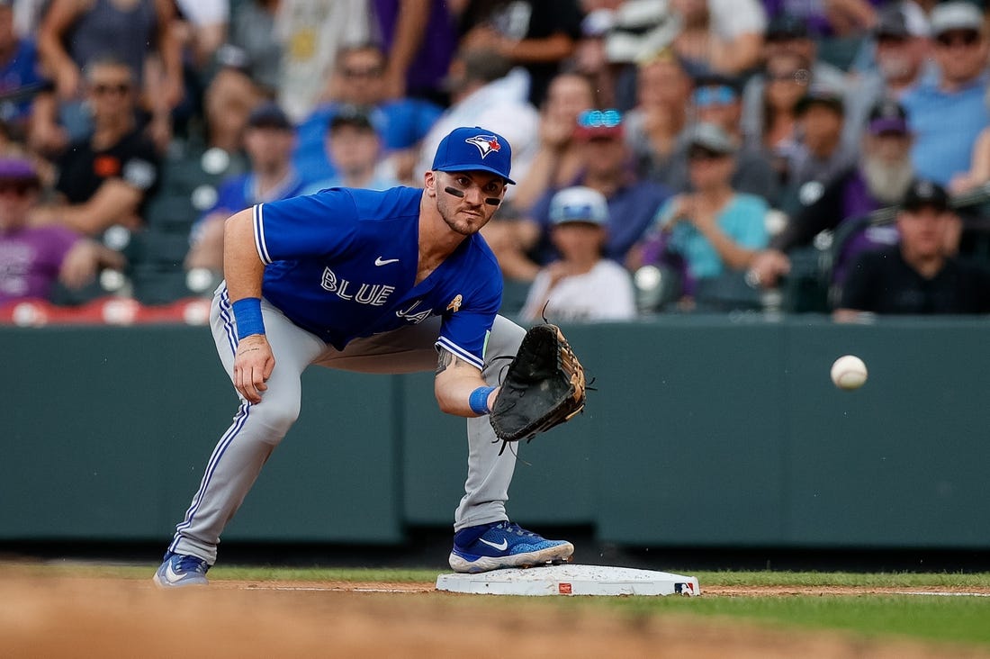 Sep 3, 2023; Denver, Colorado, USA; Toronto Blue Jays first baseman Spencer Horwitz (48) fields a throw to first in the fourth inning against the Colorado Rockies at Coors Field. Mandatory Credit: Isaiah J. Downing-USA TODAY Sports