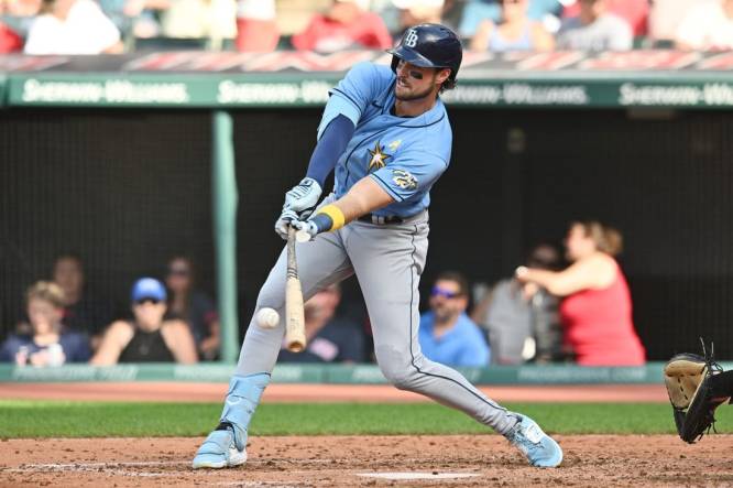 Sep 3, 2023; Cleveland, Ohio, USA; Tampa Bay Rays right fielder Josh Lowe (15) hits a single during the fourth inning against the Cleveland Guardians at Progressive Field. Mandatory Credit: Ken Blaze-USA TODAY Sports