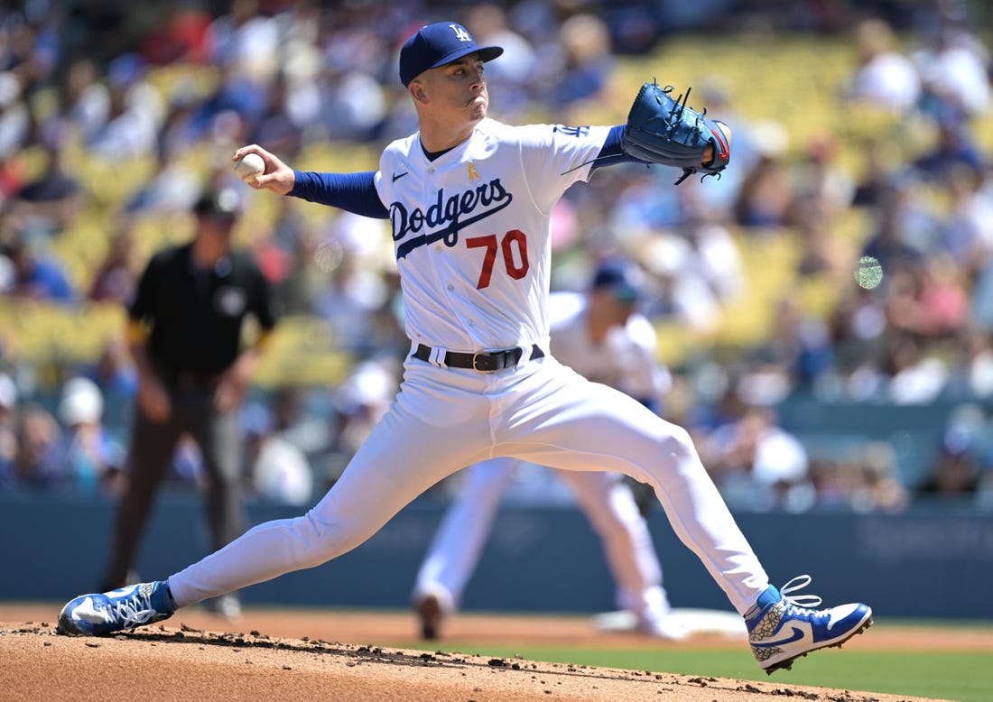 Sep 3, 2023; Los Angeles, California, USA;  Los Angeles Dodgers starting pitcher Bobby Miller (70) delivers to the plate in the first inning against the Atlanta Braves at Dodger Stadium. Mandatory Credit: Jayne Kamin-Oncea-USA TODAY Sports