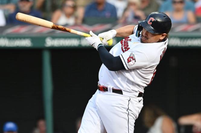 Sep 3, 2023; Cleveland, Ohio, USA; Cleveland Guardians designated hitter Josh Naylor (22) hits an RBI single during the fifth inning against the Tampa Bay Rays at Progressive Field. Mandatory Credit: Ken Blaze-USA TODAY Sports