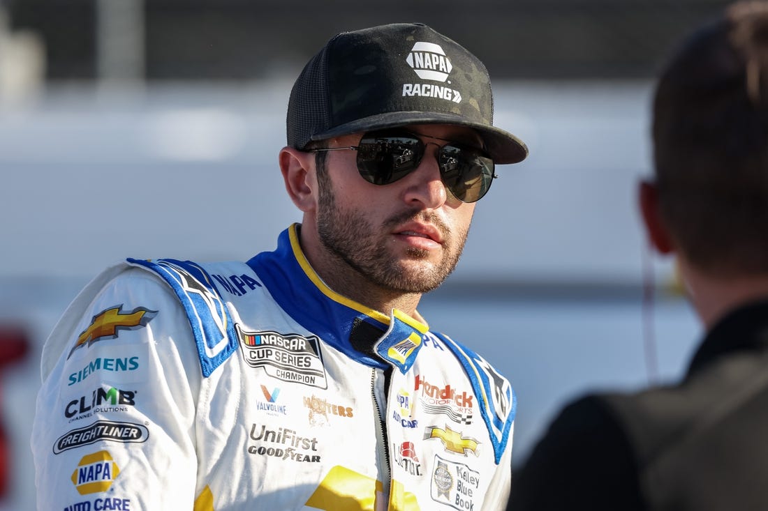 Sep 3, 2023; Darlington, South Carolina, USA; NASCAR Cup Series driver Chase Elliott (9) on pit road prior to the NASCAR Cook Out Southern 500 at Darlington Raceway. Mandatory Credit: David Yeazell-USA TODAY Sports