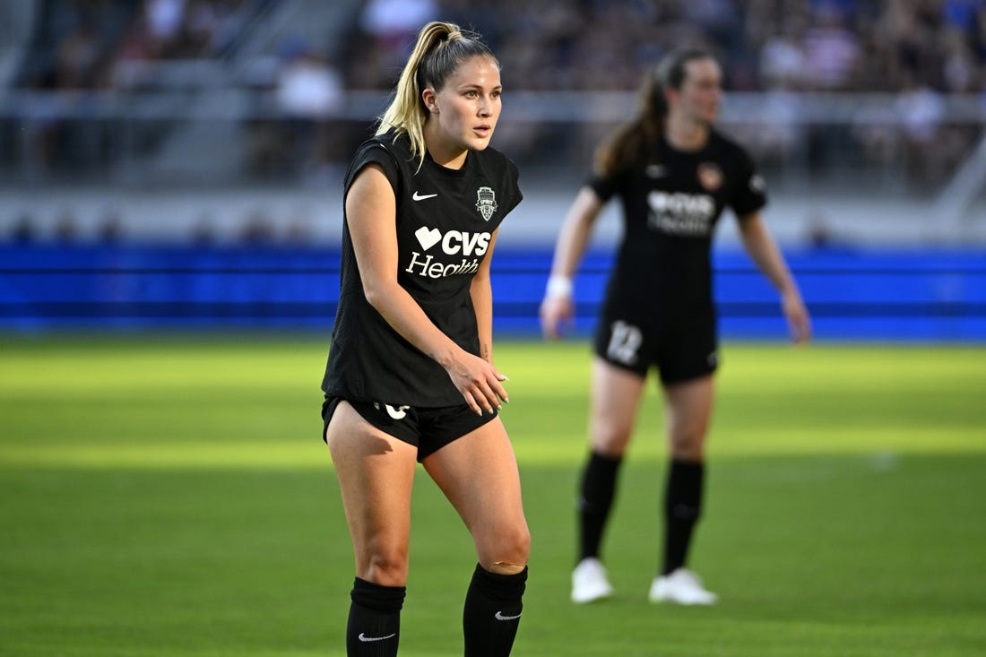 Sep 3, 2023; Washington, District of Columbia, USA; Washington Spirit midfielder Ashley Sanchez (10) reacts during the game against Chicago Red Stars during the second half at Audi Field. Mandatory Credit: Brad Mills-USA TODAY Sports