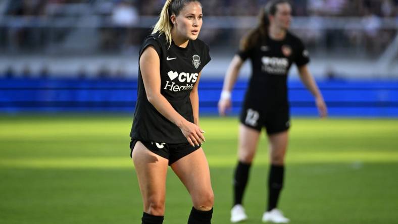 Sep 3, 2023; Washington, District of Columbia, USA; Washington Spirit midfielder Ashley Sanchez (10) reacts during the game against Chicago Red Stars during the second half at Audi Field. Mandatory Credit: Brad Mills-USA TODAY Sports