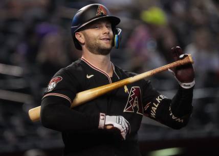 Sep 3, 2023; Phoenix, AZ, USA; Arizona Diamondbacks' Christian Walker (53) reacts to a strike called at the plate against the Baltimore Orioles at Chase Field.