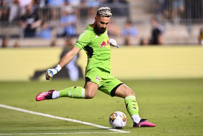 Sep 3, 2023; Philadelphia, Pennsylvania, USA; New York Red Bulls keeper Carlos Coronel (1) clears the ball against the Philadelphia Union in the first half at Subaru Park. Mandatory Credit: Kyle Ross-USA TODAY Sports