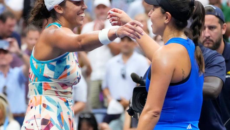 Sept 4, 2023; Flushing, NY, USA; 
Madison Keys of the USA (left) after beating Jessica Pegula of the USA on day eight of the 2023 U.S. Open tennis tournament at USTA Billie Jean King National Tennis Center. Mandatory Credit: Robert Deutsch-USA TODAY Sports