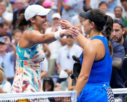 Sept 4, 2023; Flushing, NY, USA; 
Madison Keys of the USA (left) after beating Jessica Pegula of the USA on day eight of the 2023 U.S. Open tennis tournament at USTA Billie Jean King National Tennis Center. Mandatory Credit: Robert Deutsch-USA TODAY Sports