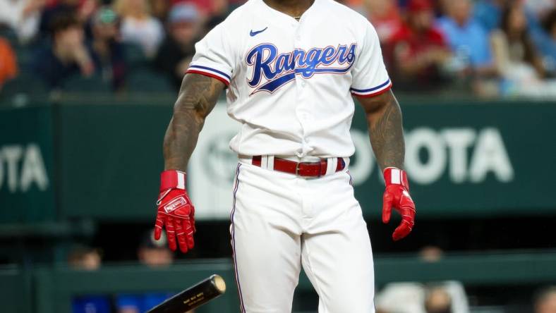 Sep 4, 2023; Arlington, Texas, USA;  Texas Rangers right fielder Adolis Garcia (53) reacts after striking out during the first inning against the Houston Astros at Globe Life Field. Mandatory Credit: Kevin Jairaj-USA TODAY Sports