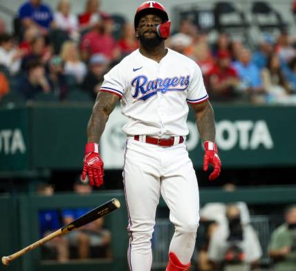 Sep 4, 2023; Arlington, Texas, USA;  Texas Rangers right fielder Adolis Garcia (53) reacts after striking out during the first inning against the Houston Astros at Globe Life Field. Mandatory Credit: Kevin Jairaj-USA TODAY Sports