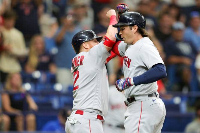 Sep 4, 2023; St. Petersburg, Florida, USA;  Boston Red Sox designated hitter Justin Turner (2) congratulates first baseman Triston Casas (36) after hitting a there-run home run against the Tampa Bay Rays in the sixth inning at Tropicana Field. Mandatory Credit: Nathan Ray Seebeck-USA TODAY Sports