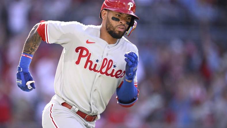 Sep 4, 2023; San Diego, California, USA; Philadelphia Phillies third baseman Edmundo Sosa (33) rounds the bases after hitting a home run against the San Diego Padres during the second inning at Petco Park. Mandatory Credit: Orlando Ramirez-USA TODAY Sports