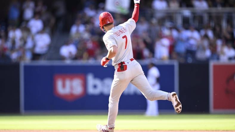 Sep 4, 2023; San Diego, California, USA; Philadelphia Phillies shortstop Trea Turner (7) rounds the bases after hitting a two-run home run against the San Diego Padres during the second inning at Petco Park. Mandatory Credit: Orlando Ramirez-USA TODAY Sports