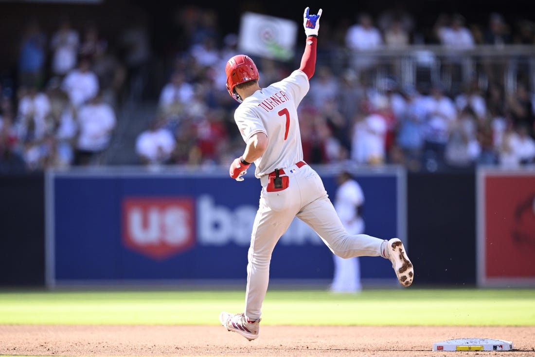 Sep 4, 2023; San Diego, California, USA; Philadelphia Phillies shortstop Trea Turner (7) rounds the bases after hitting a two-run home run against the San Diego Padres during the second inning at Petco Park. Mandatory Credit: Orlando Ramirez-USA TODAY Sports