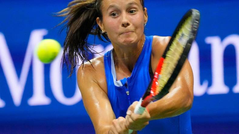 Sept 4, 2023; Flushing, NY, USA; Daria Kasatkina hits to Aryna Sabalenka on day eight of the 2023 U.S. Open tennis tournament at USTA Billie Jean King National Tennis Center. Mandatory Credit: Robert Deutsch-USA TODAY Sports