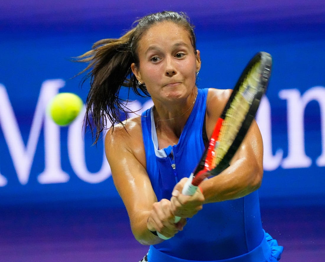 Sept 4, 2023; Flushing, NY, USA; Daria Kasatkina hits to Aryna Sabalenka on day eight of the 2023 U.S. Open tennis tournament at USTA Billie Jean King National Tennis Center. Mandatory Credit: Robert Deutsch-USA TODAY Sports