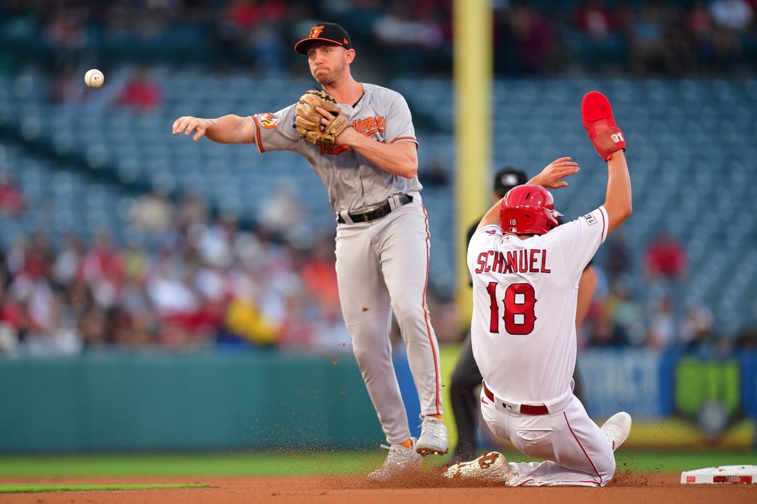 Sep 4, 2023; Anaheim, California, USA; Los Angeles Angels first baseman Nolan Schanuel (18) is out at second as Baltimore Orioles second baseman Jordan Westburg (11) throws to first for the out against designated hitter Brandon Drury (23) during the first inning at Angel Stadium. Mandatory Credit: Gary A. Vasquez-USA TODAY Sports