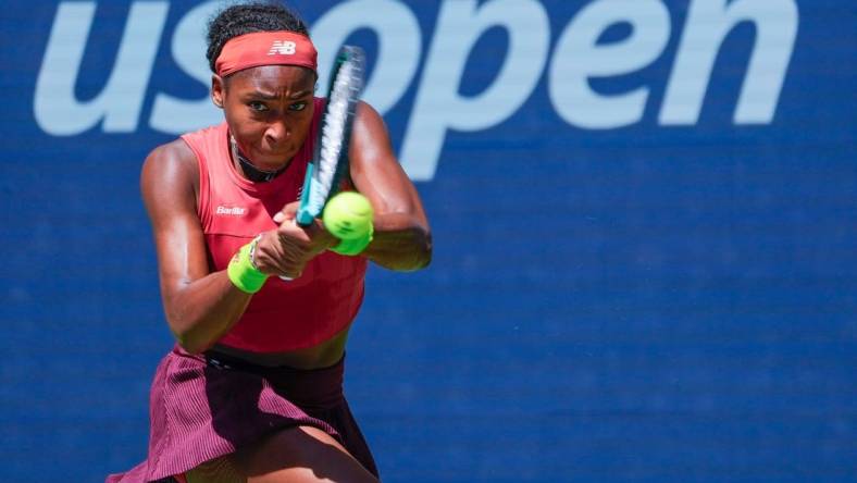 Sept 5, 2023; Flushing, NY, USA; Coco Gauff of the USA hits to Jelena Ostapenko of Latvia on day nine of the 2023 U.S. Open tennis tournament at USTA Billie Jean King National Tennis Center. Mandatory Credit: Robert Deutsch-USA TODAY Sports