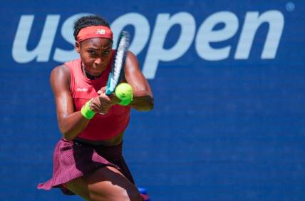 Sept 5, 2023; Flushing, NY, USA; Coco Gauff of the USA hits to Jelena Ostapenko of Latvia on day nine of the 2023 U.S. Open tennis tournament at USTA Billie Jean King National Tennis Center. Mandatory Credit: Robert Deutsch-USA TODAY Sports