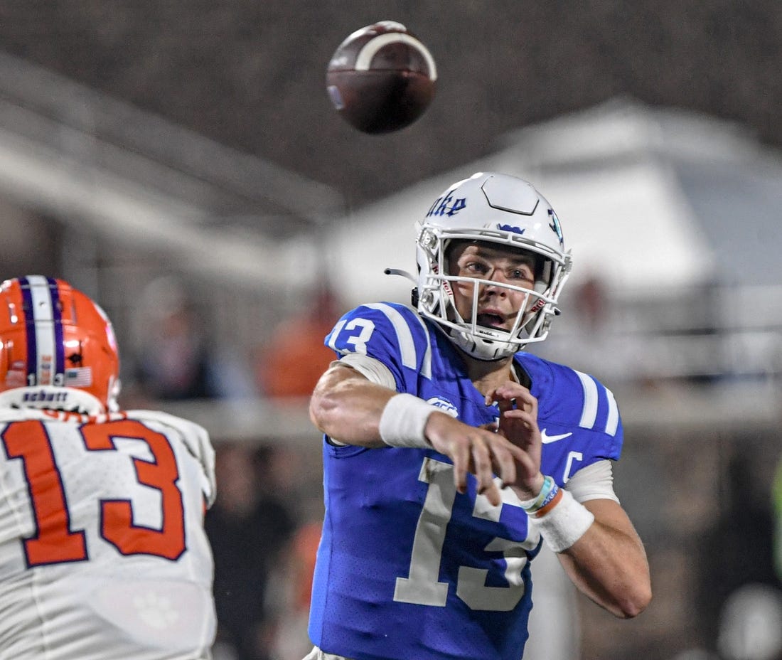 Sep 4, 2023; Durham, North Carolina, USA; Duke University quarterback Riley Leonard (13) passed the ball against Clemson during the first quarter of the season opening game at Wallace Wade Stadium in Durham, N.C. Monday, Sept 4, 2023. Mandatory Credit: Ken Ruinard-USA TODAY Sports