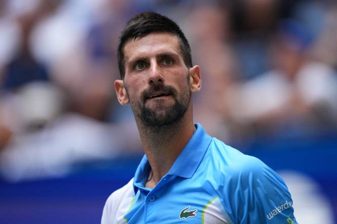 Sep 5, 2023; Flushing, NY, USA; Novak Djokovic of Serbia reacts after winning a game against Taylor Fritz of the United States on day nine of the 2023 U.S. Open tennis tournament at USTA Billie Jean King National Tennis Center. Mandatory Credit: Danielle Parhizkaran-USA TODAY Sports