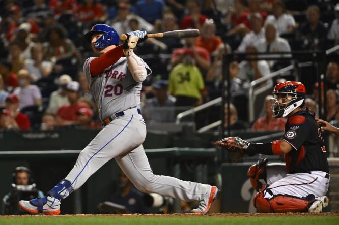 Sep 5, 2023; Washington, District of Columbia, USA; New York Mets first baseman Pete Alonso (20) hits a solo home run against the Washington Nationals during the fifth inning at Nationals Park. Mandatory Credit: Brad Mills-USA TODAY Sports